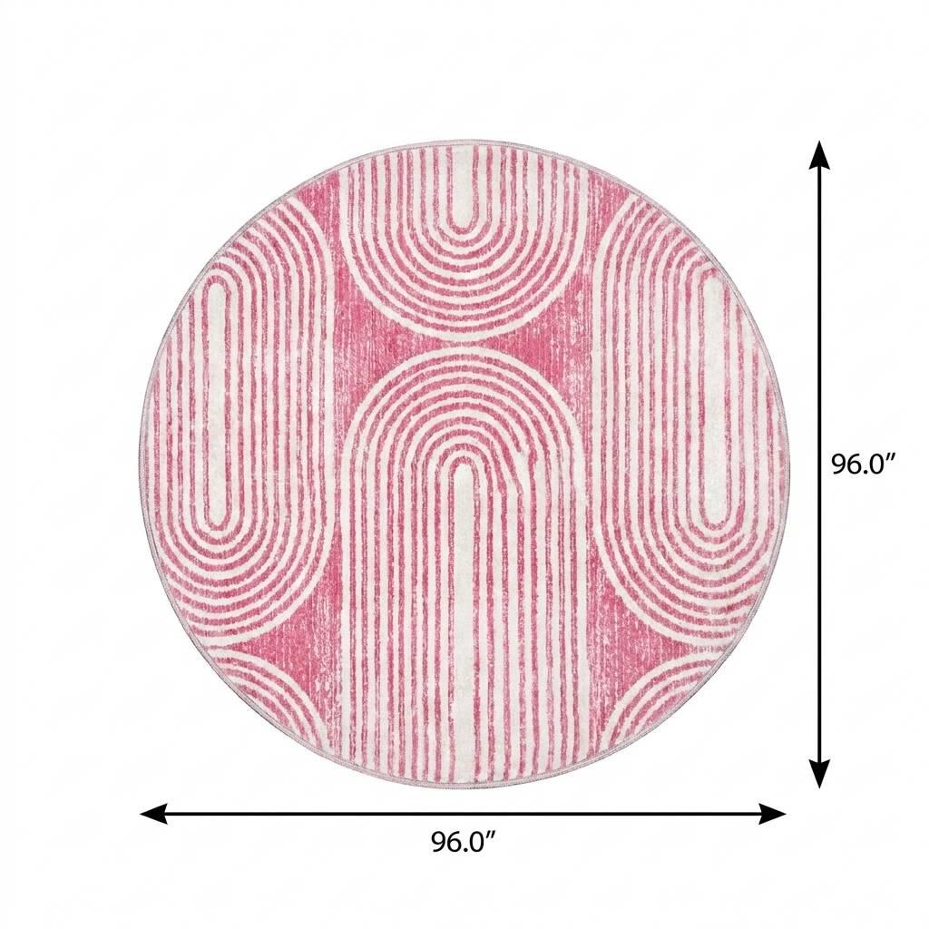 8' Blush And Ivory Geometric Shag Washable Round Rug With UV Protection - HomeRoots - Flyclothing LLC