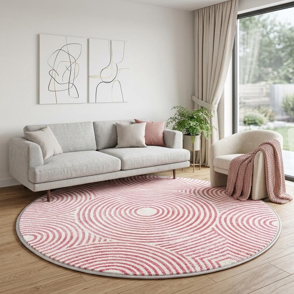 8' Blush And Ivory Geometric Shag Washable Round Rug With UV Protection - HomeRoots - Flyclothing LLC