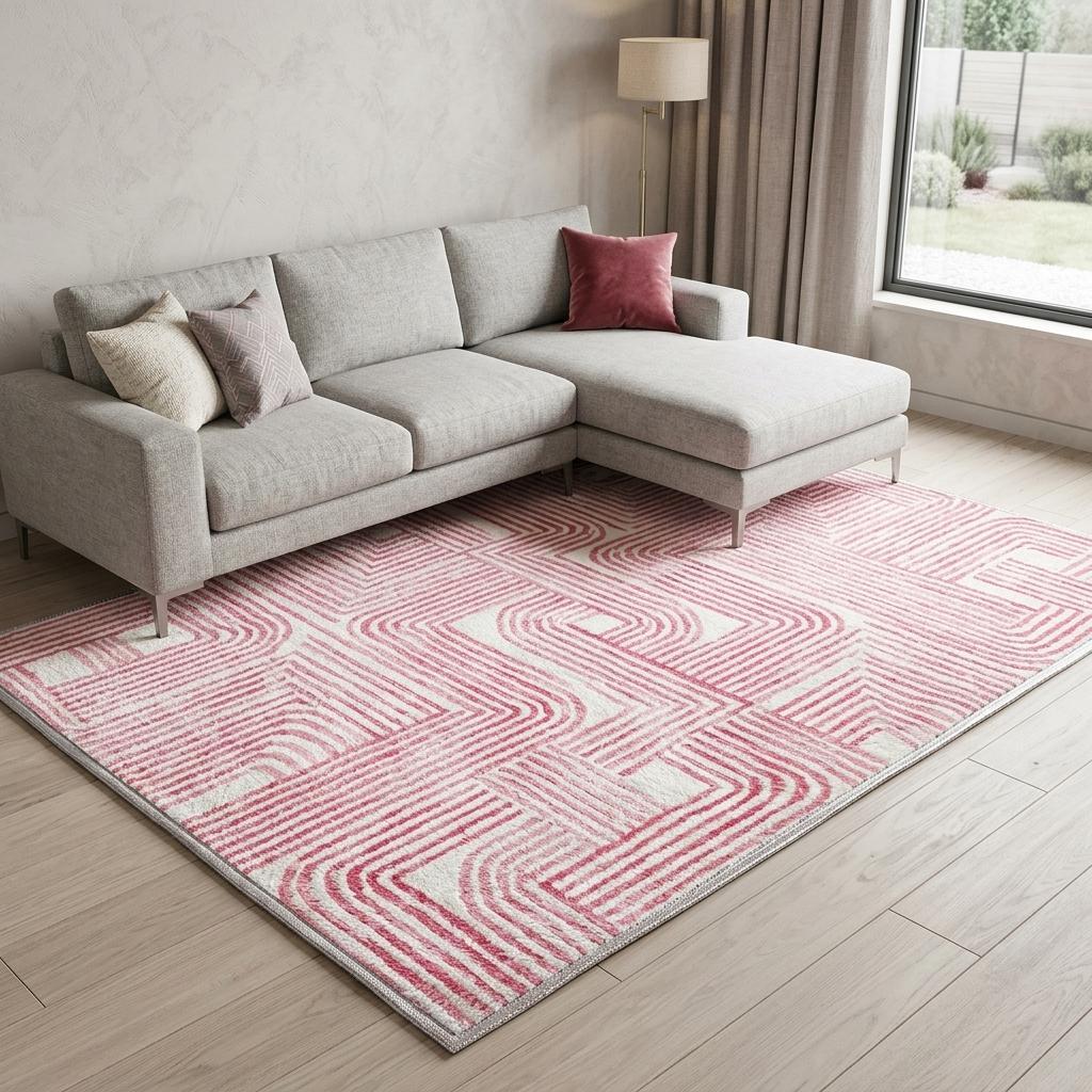 10' X 14' Blush And Ivory Geometric Shag Washable Area Rug With UV Protection - HomeRoots - Flyclothing LLC