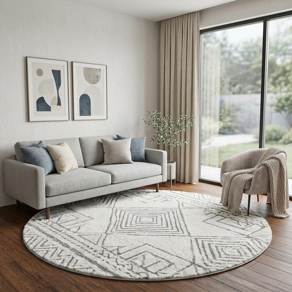 8' Gold And Ivory Geometric Shag Washable Round Rug With UV Protection - HomeRoots - Flyclothing LLC