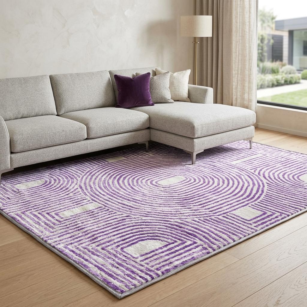 9' X 12' Purple And Ivory Geometric Shag Washable Area Rug With UV Protection - HomeRoots - Flyclothing LLC