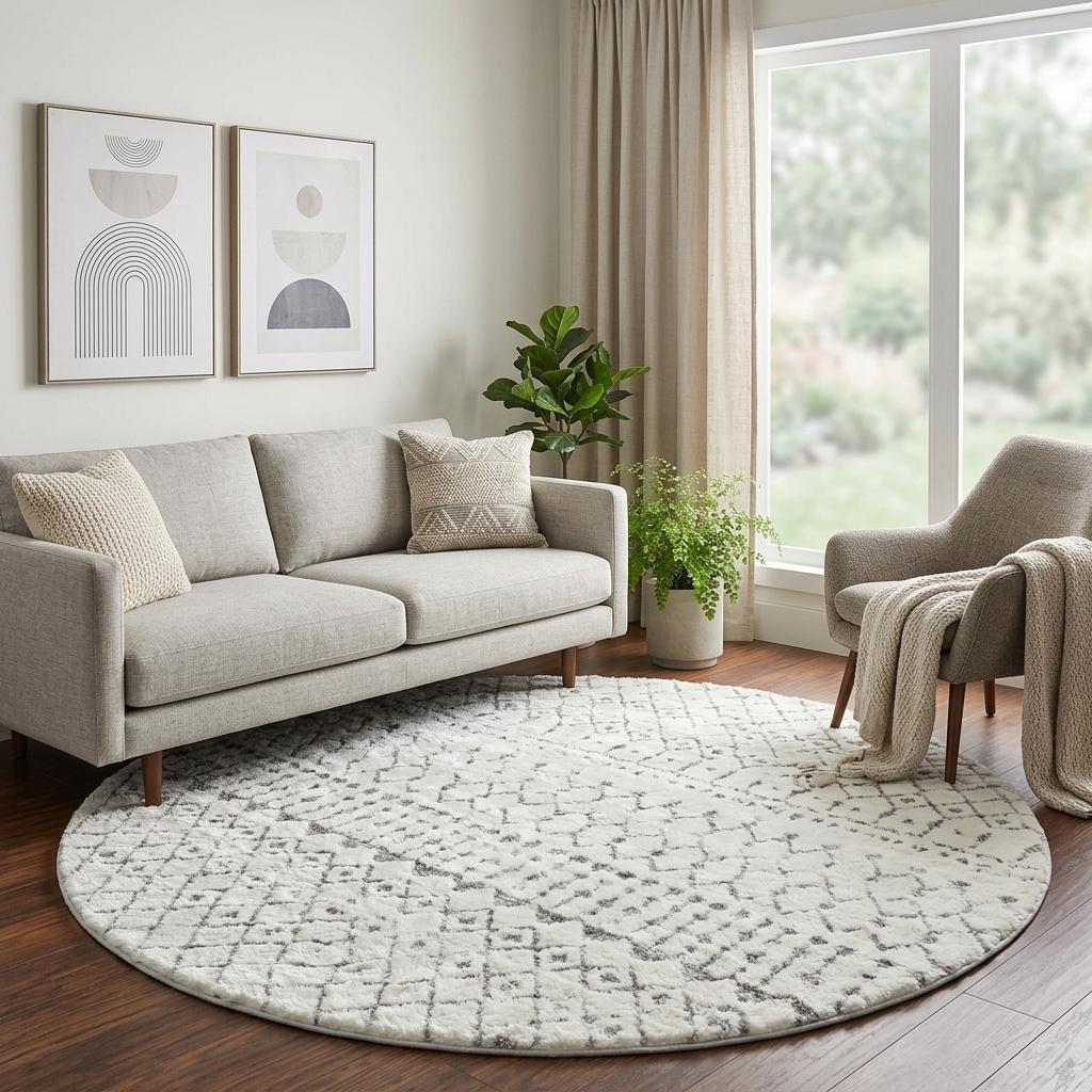 8' Salmon And Ivory Geometric Shag Washable Round Rug With UV Protection - HomeRoots - Flyclothing LLC