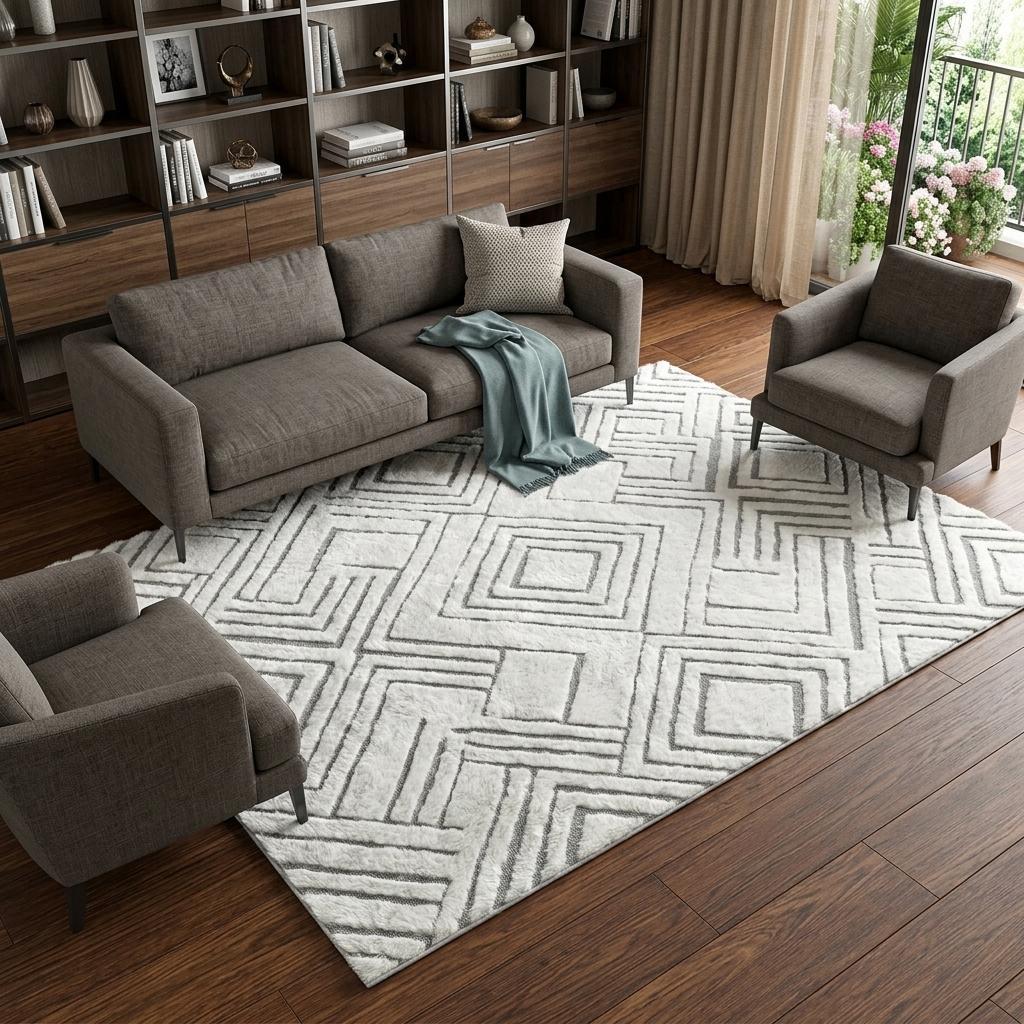 9' X 12' Salmon And Ivory Geometric Shag Washable Area Rug With UV Protection - HomeRoots - Flyclothing LLC