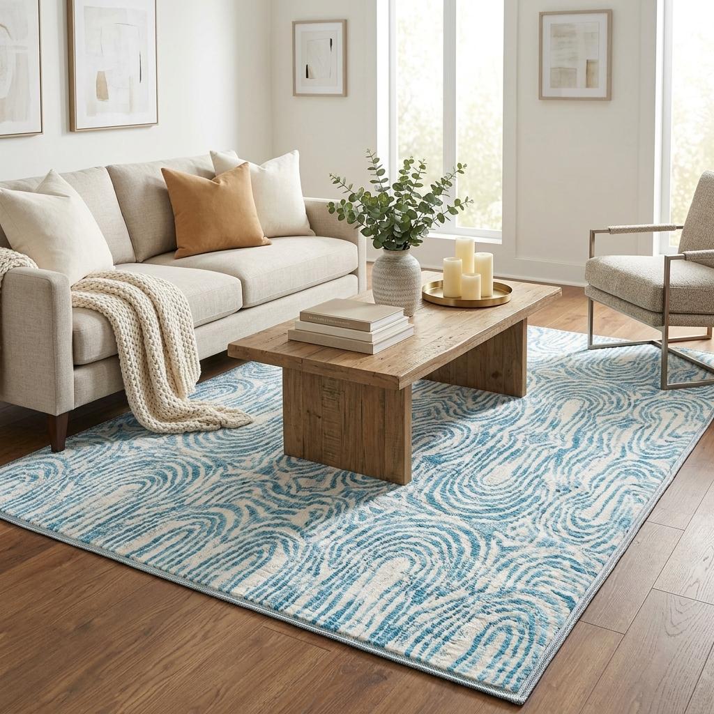 5' X 8' Teal And Ivory Geometric Shag Washable Area Rug With UV Protection - HomeRoots - Flyclothing LLC