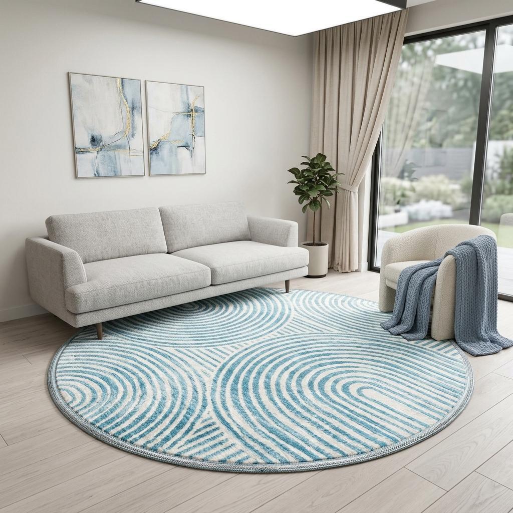 8' Teal And Ivory Geometric Shag Washable Round Rug With UV Protection - HomeRoots - Flyclothing LLC