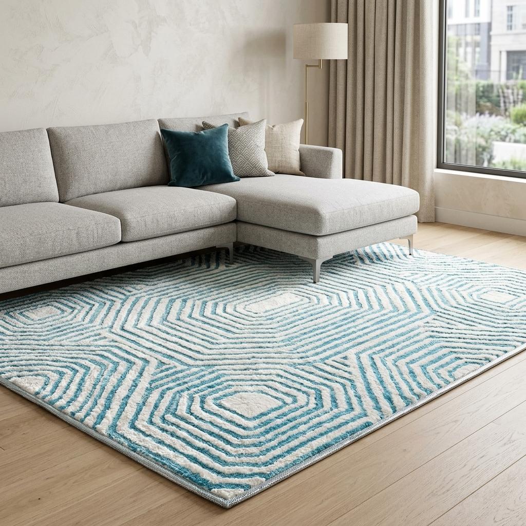10' X 14' Teal And Ivory Geometric Shag Washable Area Rug With UV Protection - HomeRoots - Flyclothing LLC