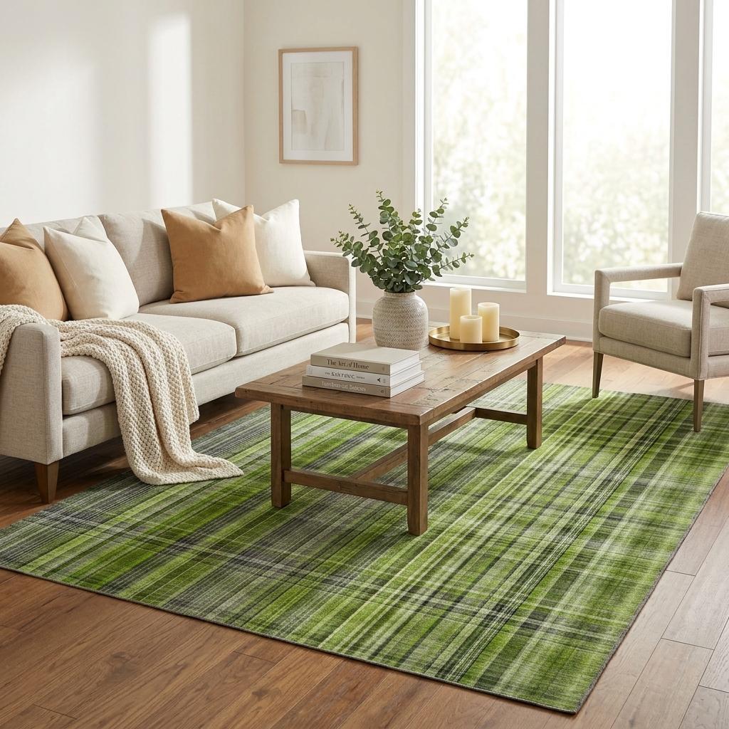 5' X 8' Green And Ivory Plaid Shag Washable Area Rug With UV Protection - HomeRoots - Flyclothing LLC