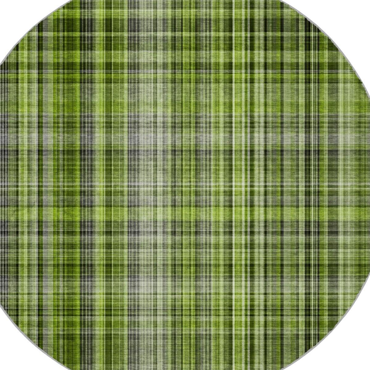 8' Green And Ivory Plaid Shag Washable Round Rug With UV Protection - HomeRoots - Flyclothing LLC