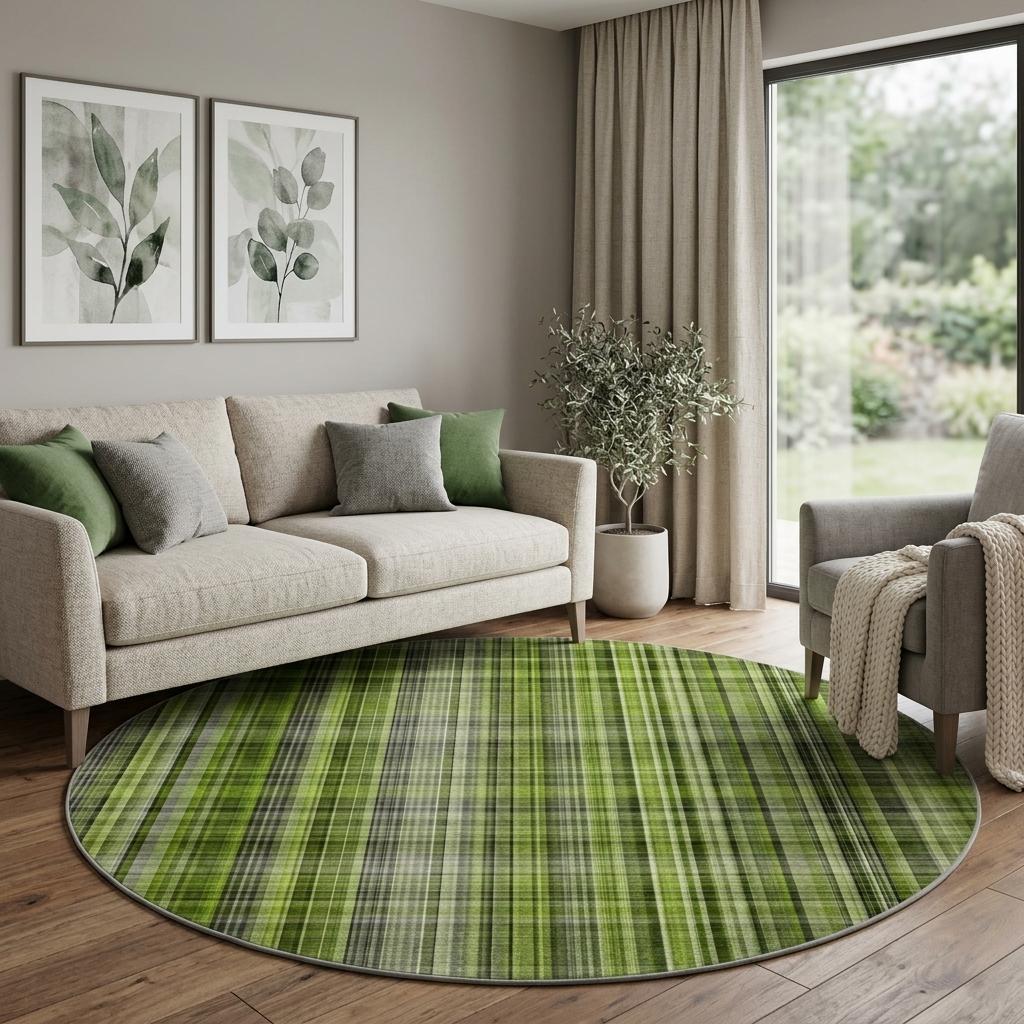 8' Green And Ivory Plaid Shag Washable Round Rug With UV Protection - HomeRoots - Flyclothing LLC