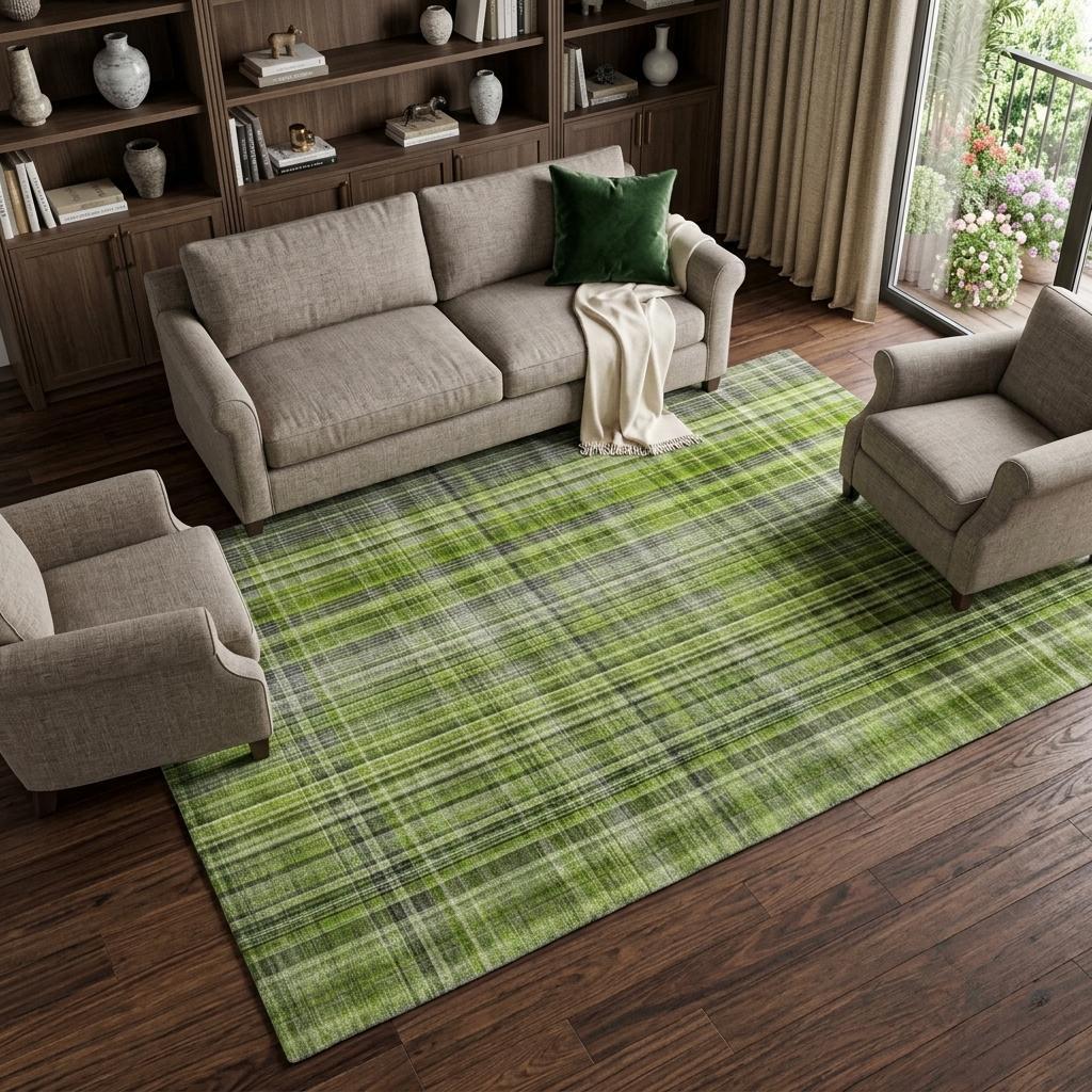 9' X 12' Green And Ivory Plaid Shag Washable Area Rug With UV Protection - HomeRoots - Flyclothing LLC