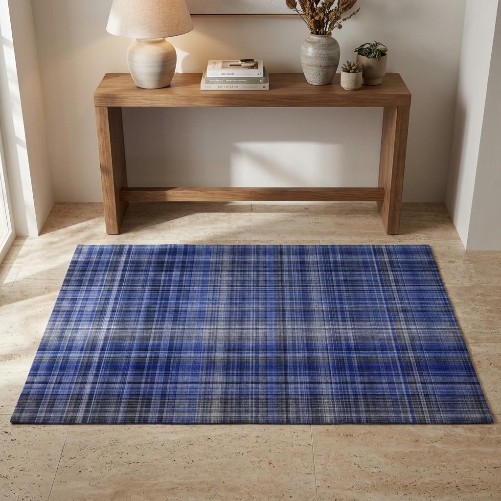 3' X 5' Navy Blue And Gray Plaid Shag Washable Area Rug With UV Protection - HomeRoots - Flyclothing LLC