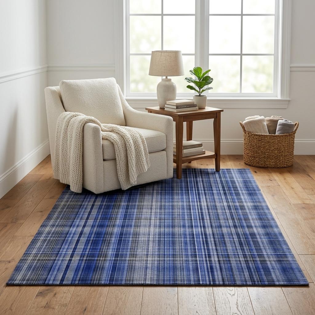 5' X 8' Navy Blue And Gray Plaid Shag Washable Area Rug With UV Protection - HomeRoots - Flyclothing LLC