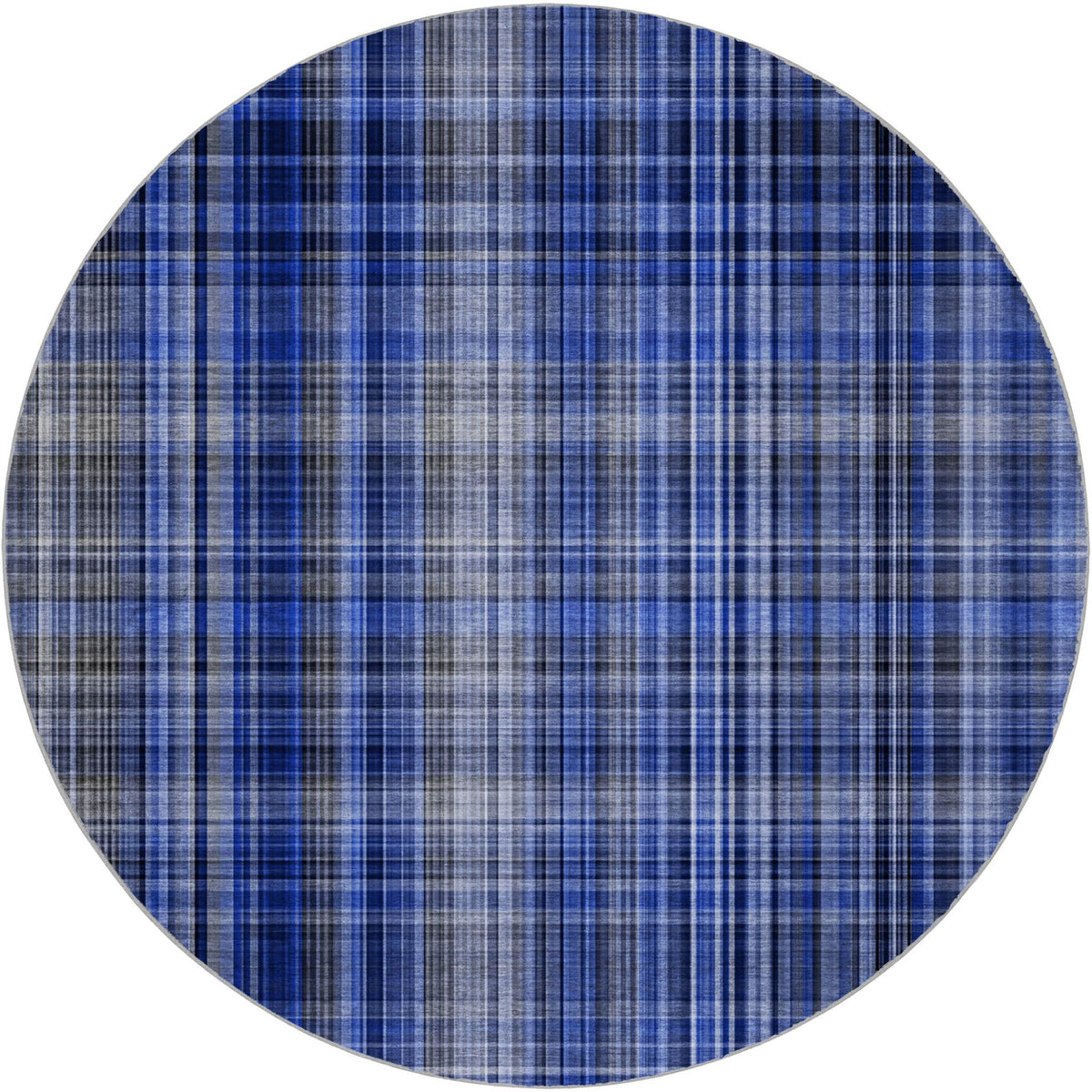 8' Navy Blue And Gray Plaid Shag Washable Round Rug With UV Protection - HomeRoots - Flyclothing LLC