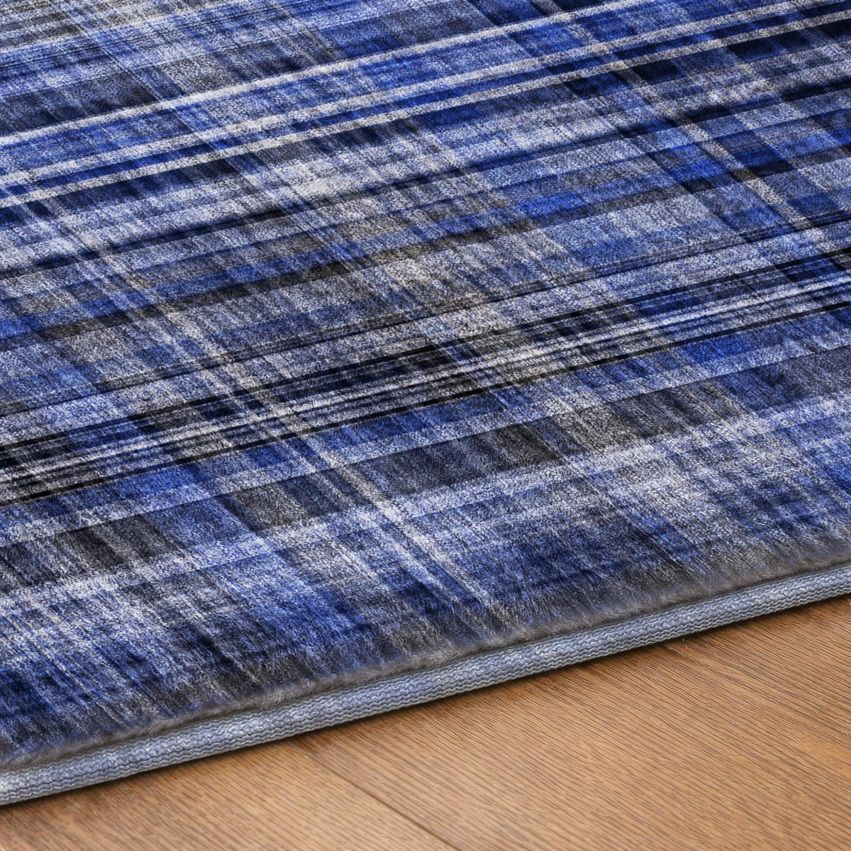 8' Navy Blue And Gray Plaid Shag Washable Round Rug With UV Protection - HomeRoots - Flyclothing LLC