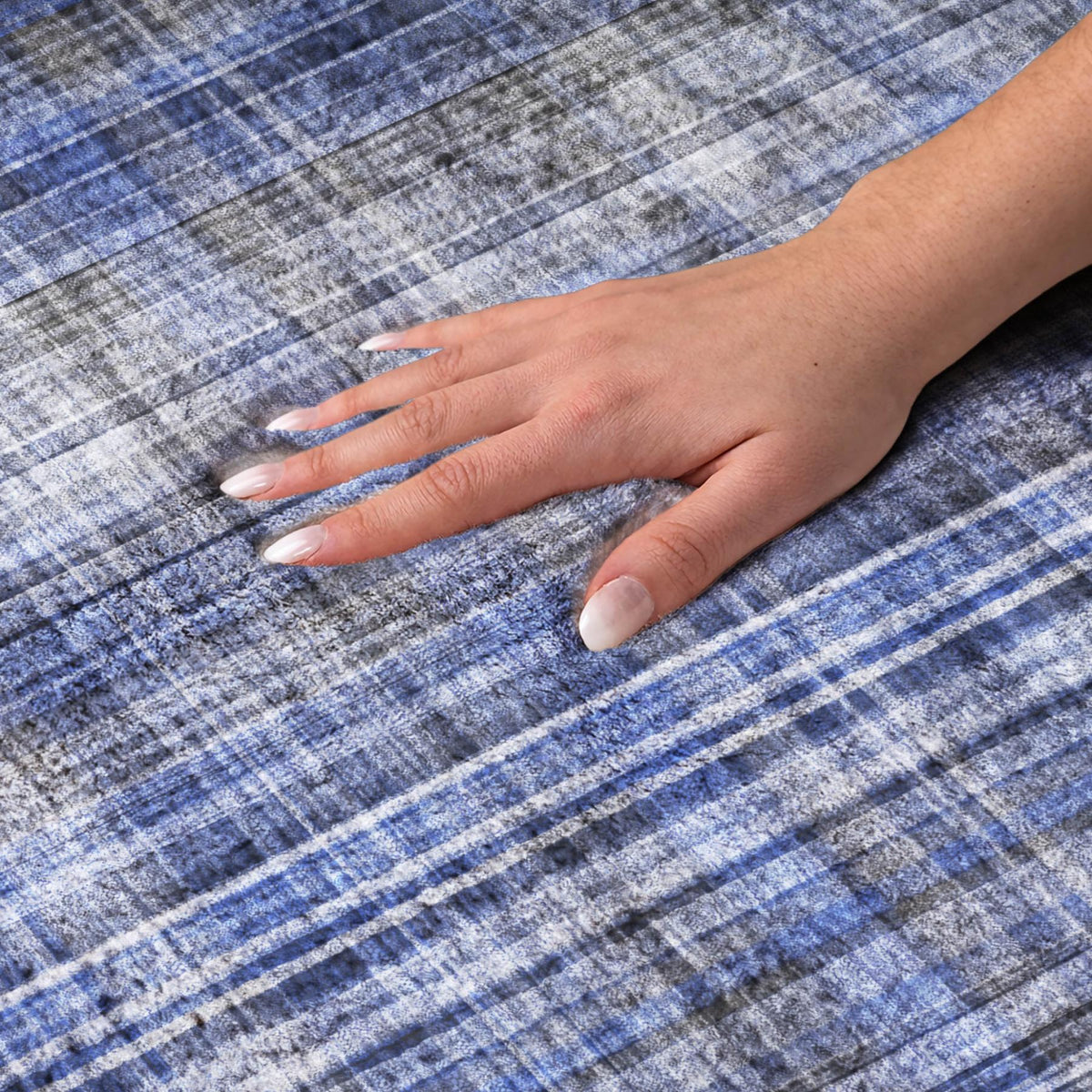 8' Navy Blue And Gray Plaid Shag Washable Round Rug With UV Protection - HomeRoots - Flyclothing LLC