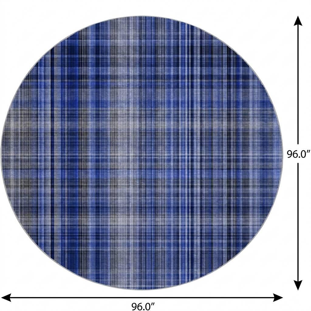 8' Navy Blue And Gray Plaid Shag Washable Round Rug With UV Protection - HomeRoots - Flyclothing LLC