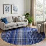 8' Navy Blue And Gray Plaid Shag Washable Round Rug With UV Protection - HomeRoots - Flyclothing LLC