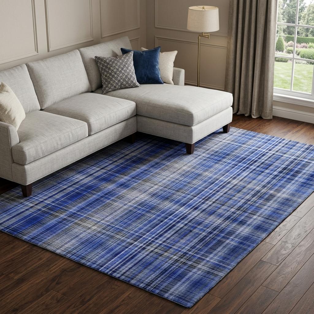 10' X 14' Navy Blue And Gray Plaid Shag Washable Area Rug With UV Protection - HomeRoots - Flyclothing LLC