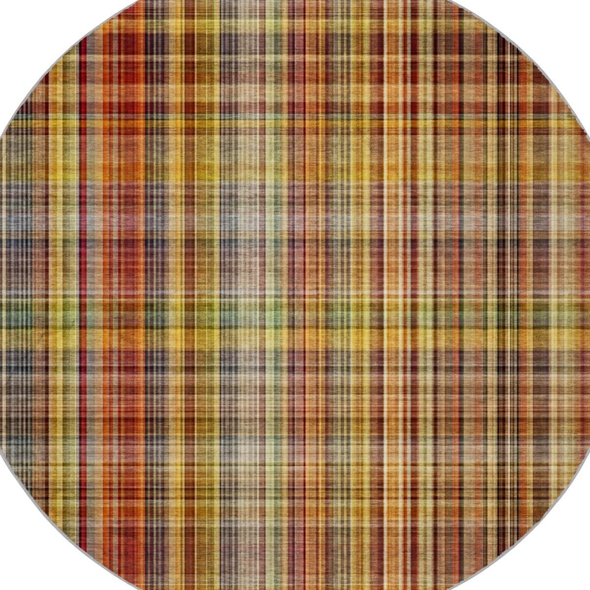 8' Orange And Beige Plaid Shag Washable Round Rug With UV Protection - HomeRoots - Flyclothing LLC