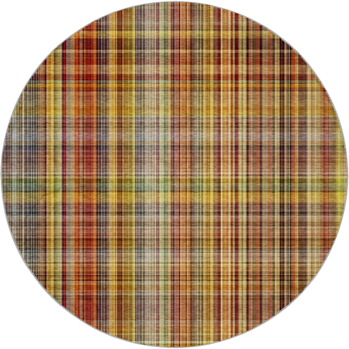 8' Orange And Beige Plaid Shag Washable Round Rug With UV Protection - HomeRoots - Flyclothing LLC