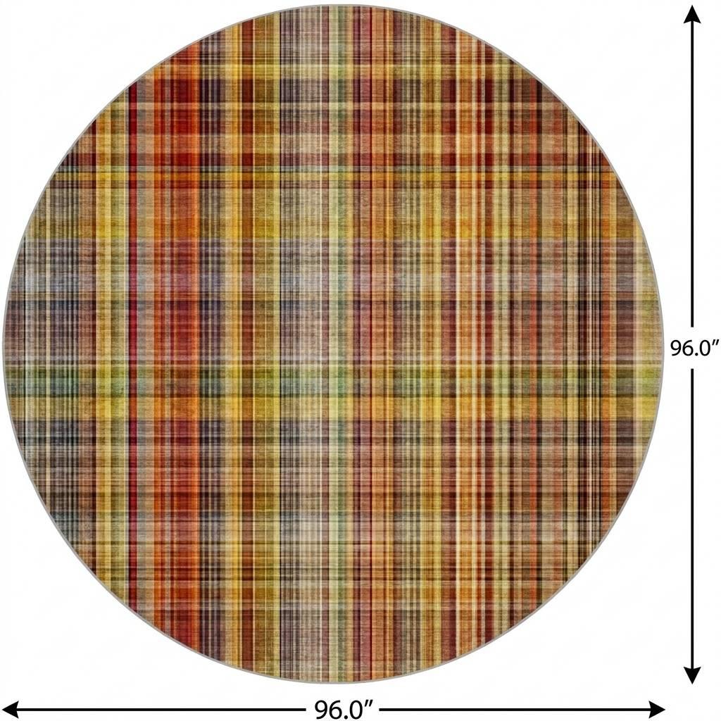 8' Orange And Beige Plaid Shag Washable Round Rug With UV Protection - HomeRoots - Flyclothing LLC