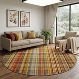 8' Orange And Beige Plaid Shag Washable Round Rug With UV Protection - HomeRoots - Flyclothing LLC