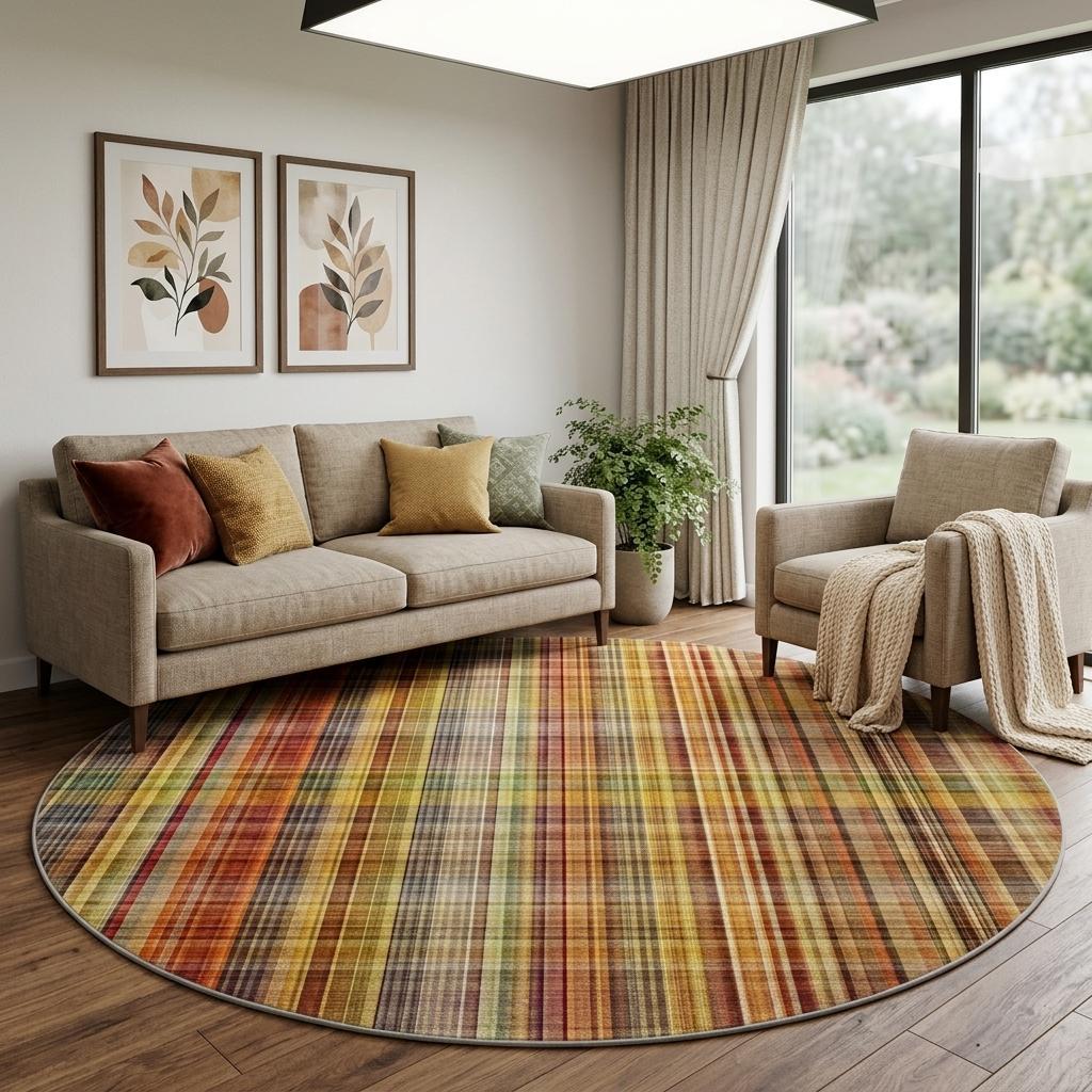8' Orange And Beige Plaid Shag Washable Round Rug With UV Protection - HomeRoots - Flyclothing LLC