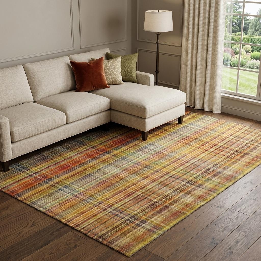 9' X 12' Orange And Beige Plaid Shag Washable Area Rug With UV Protection - HomeRoots - Flyclothing LLC