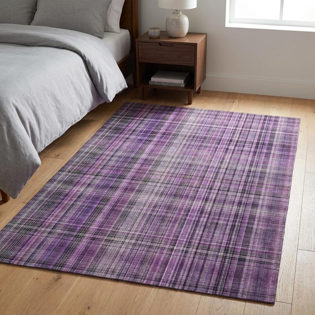 3' X 5' Purple And Gray Plaid Shag Washable Area Rug With UV Protection - HomeRoots - Flyclothing LLC