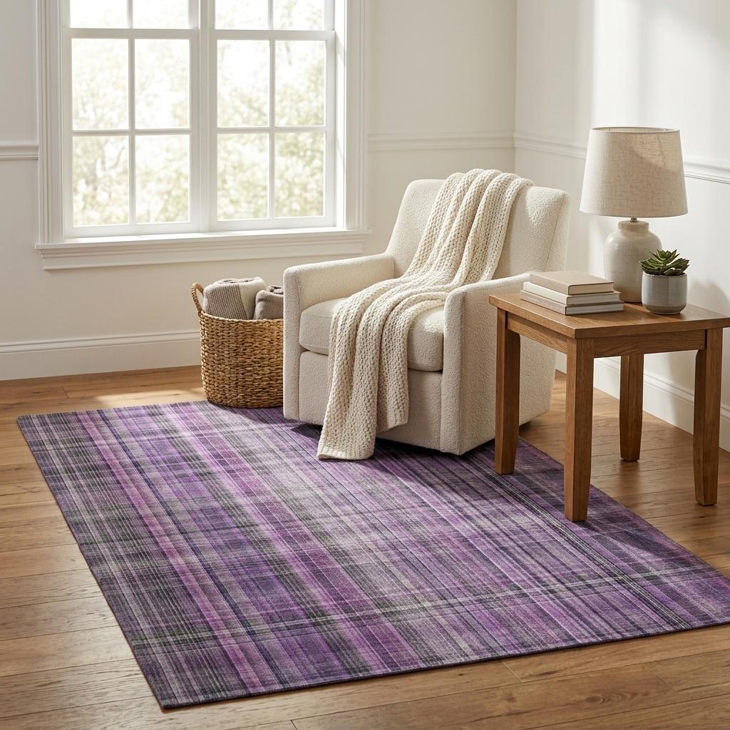 5' X 8' Purple And Gray Plaid Shag Washable Area Rug With UV Protection - HomeRoots - Flyclothing LLC