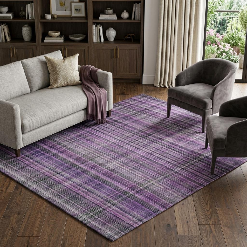 9' X 12' Purple And Gray Plaid Shag Washable Area Rug With UV Protection - HomeRoots - Flyclothing LLC
