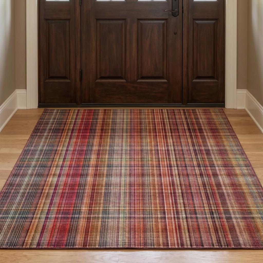 3' X 5' Red And Ivory Plaid Shag Washable Area Rug With UV Protection - HomeRoots - Flyclothing LLC