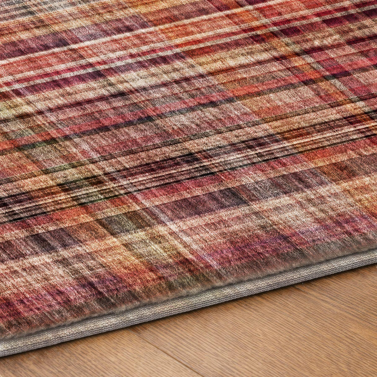 8' Red And Ivory Plaid Shag Washable Round Rug With UV Protection - HomeRoots - Flyclothing LLC