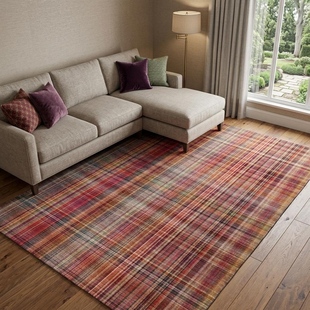 9' X 12' Red And Ivory Plaid Shag Washable Area Rug With UV Protection - HomeRoots - Flyclothing LLC