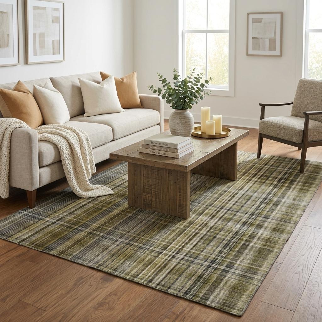 5' X 8' Taupe And Gray Plaid Shag Washable Area Rug With UV Protection - HomeRoots - Flyclothing LLC