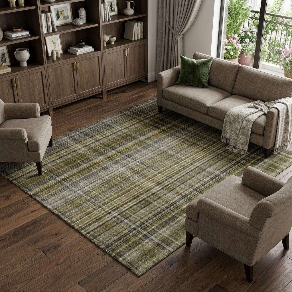 8' X 10' Taupe And Gray Plaid Shag Washable Area Rug With UV Protection - HomeRoots - Flyclothing LLC