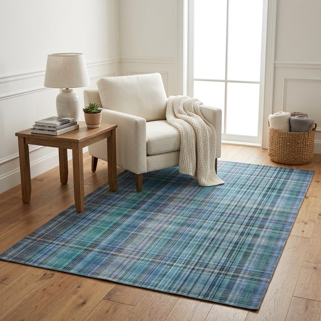 5' X 8' Teal And Navy Blue Plaid Shag Washable Area Rug With UV Protection - HomeRoots - Flyclothing LLC