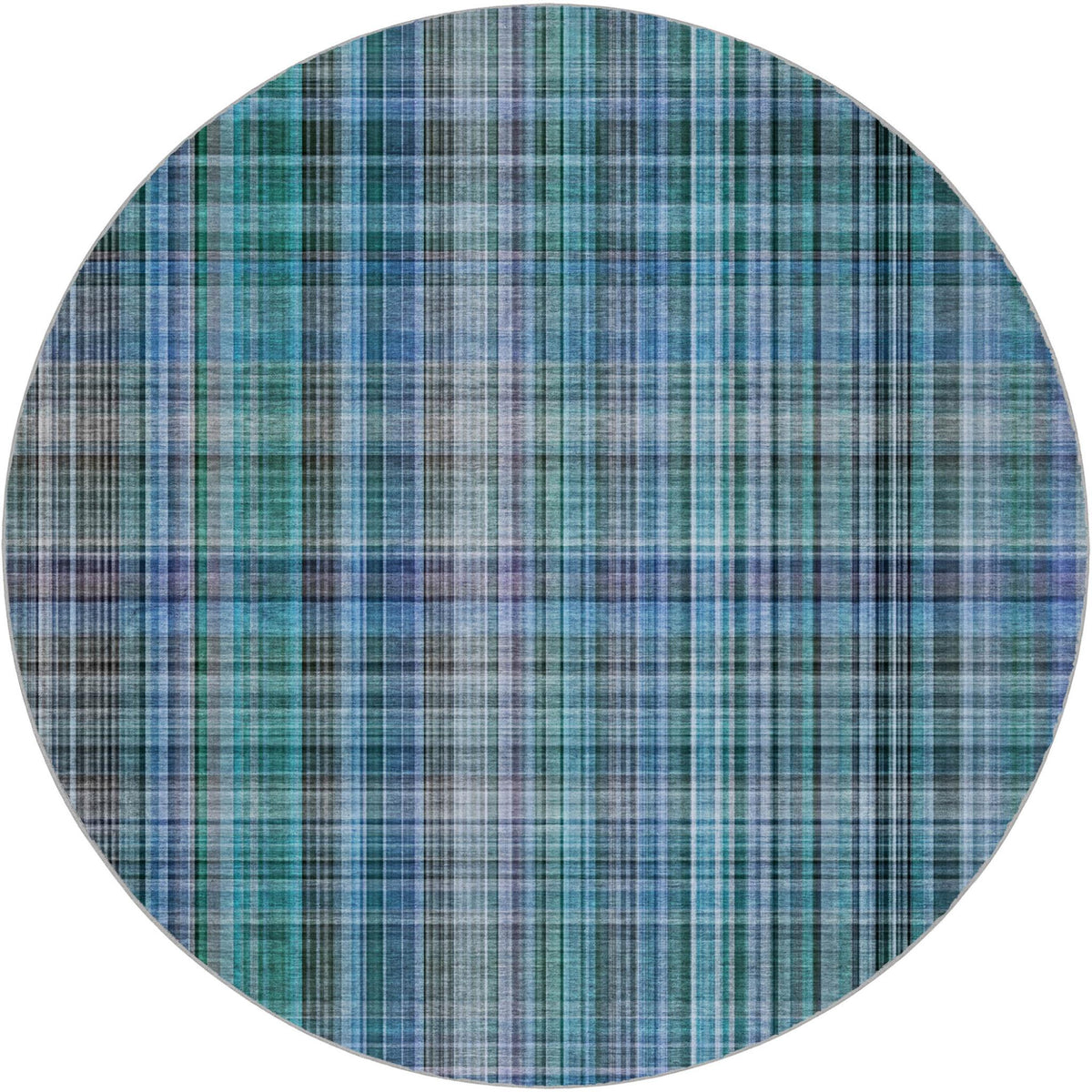 8' Teal And Navy Blue Plaid Shag Washable Round Rug With UV Protection - HomeRoots - Flyclothing LLC