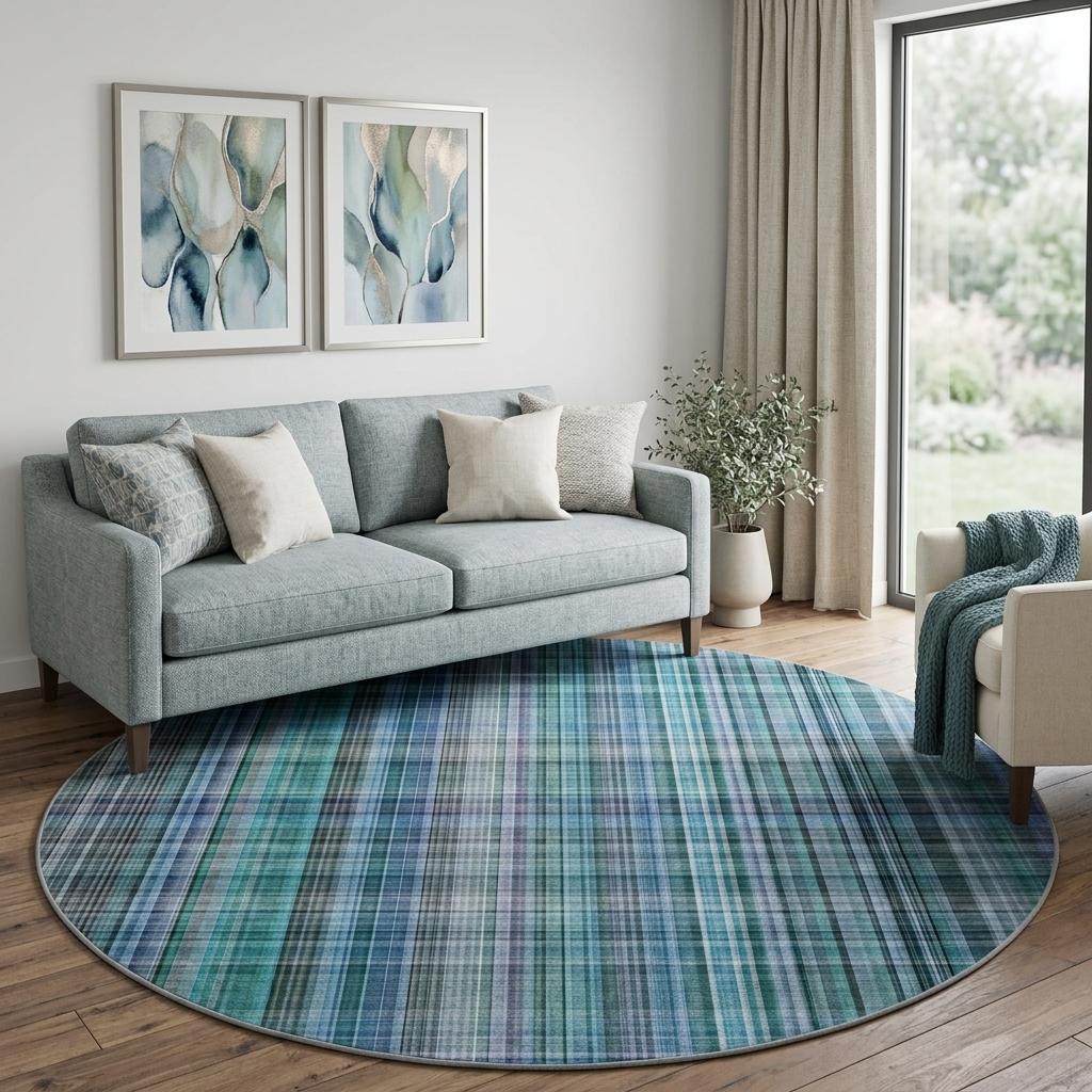 8' Teal And Navy Blue Plaid Shag Washable Round Rug With UV Protection - HomeRoots - Flyclothing LLC
