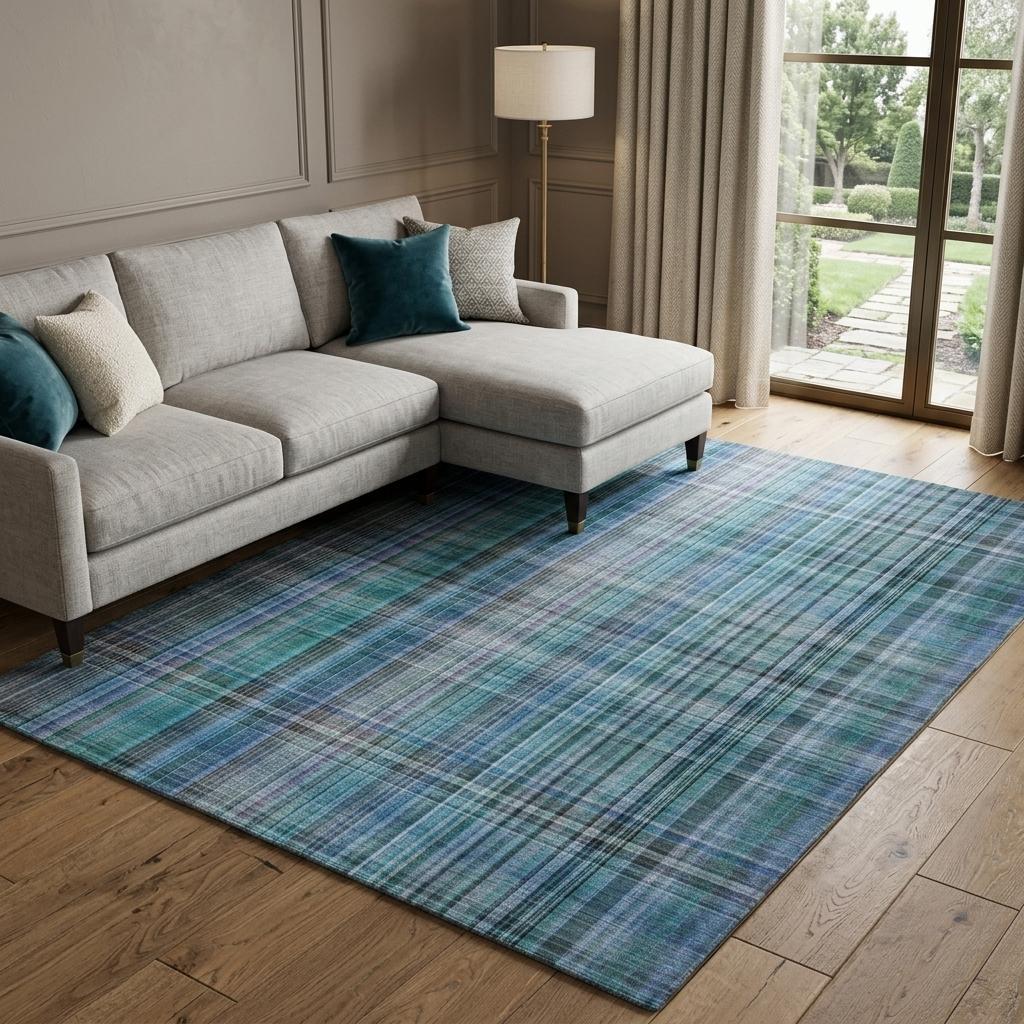 8' X 10' Teal And Navy Blue Plaid Shag Washable Area Rug With UV Protection - HomeRoots - Flyclothing LLC