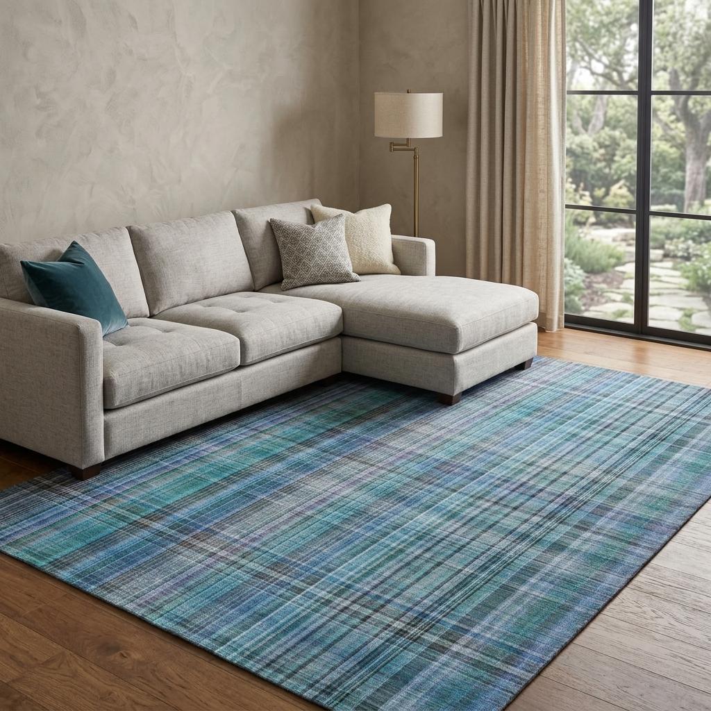 9' X 12' Teal And Navy Blue Plaid Shag Washable Area Rug With UV Protection - HomeRoots - Flyclothing LLC