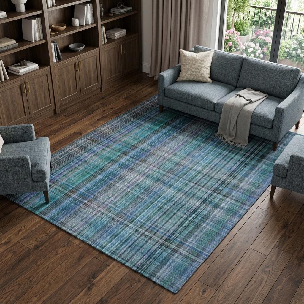 10' X 14' Teal And Navy Blue Plaid Shag Washable Area Rug With UV Protection - HomeRoots - Flyclothing LLC