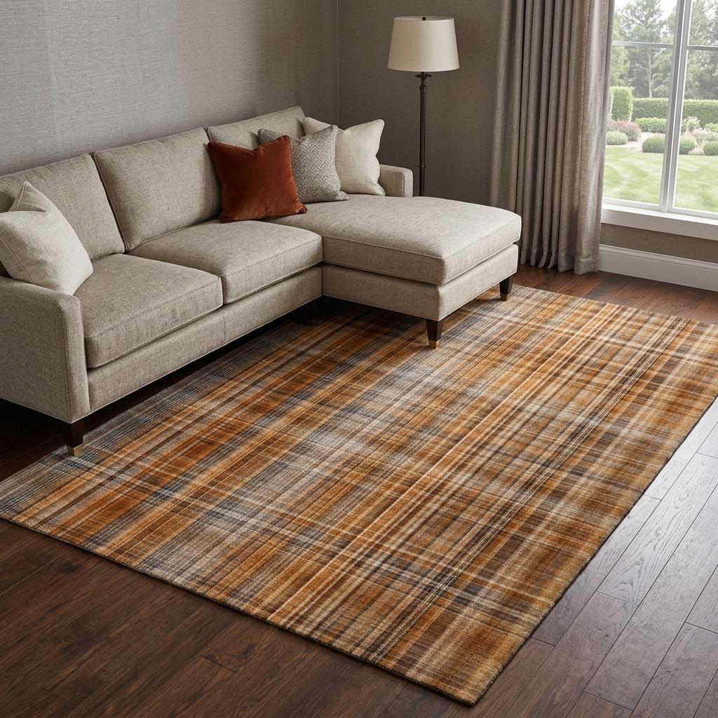 8' X 10' Terra Cotta And Taupe Plaid Shag Washable Area Rug With UV Protection - HomeRoots - Flyclothing LLC