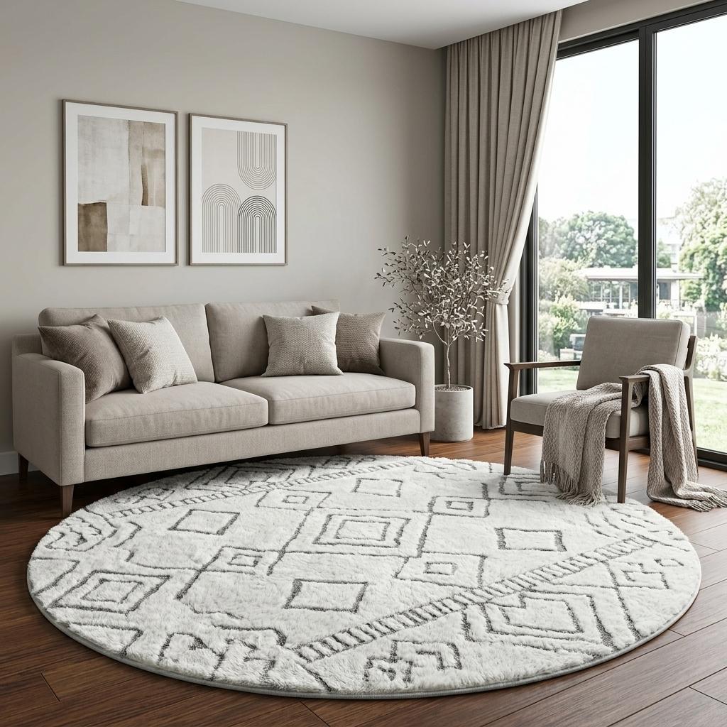 8' Black And Gray Geometric Shag Washable Round Rug With UV Protection - HomeRoots - Flyclothing LLC