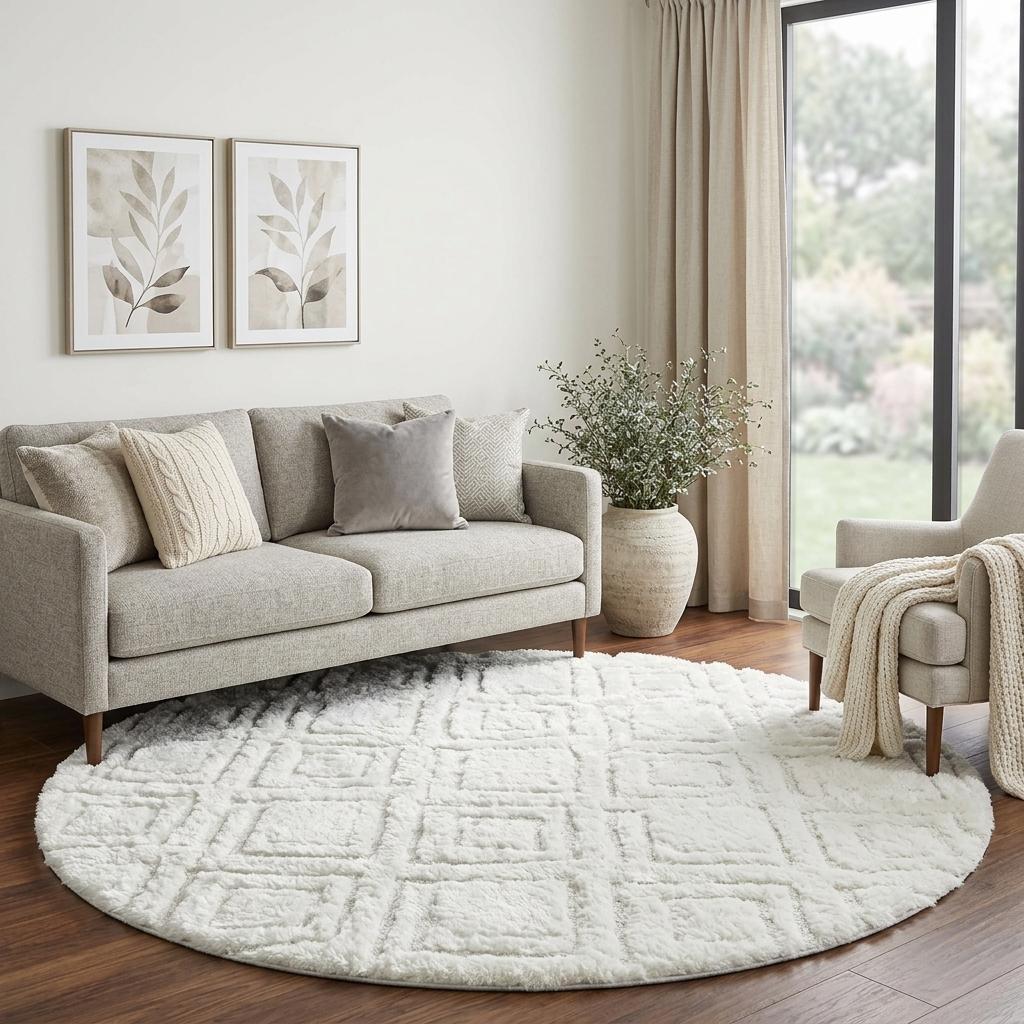 8' Chocolate And Ivory Geometric Shag Washable Round Rug With UV Protection - HomeRoots - Flyclothing LLC