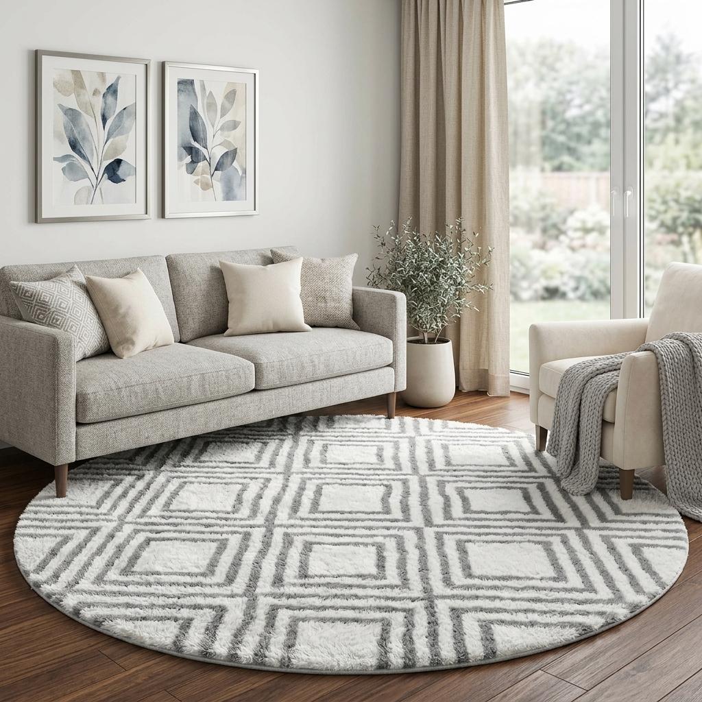 8' Gray And Silver Geometric Shag Washable Round Rug With UV Protection - HomeRoots - Flyclothing LLC