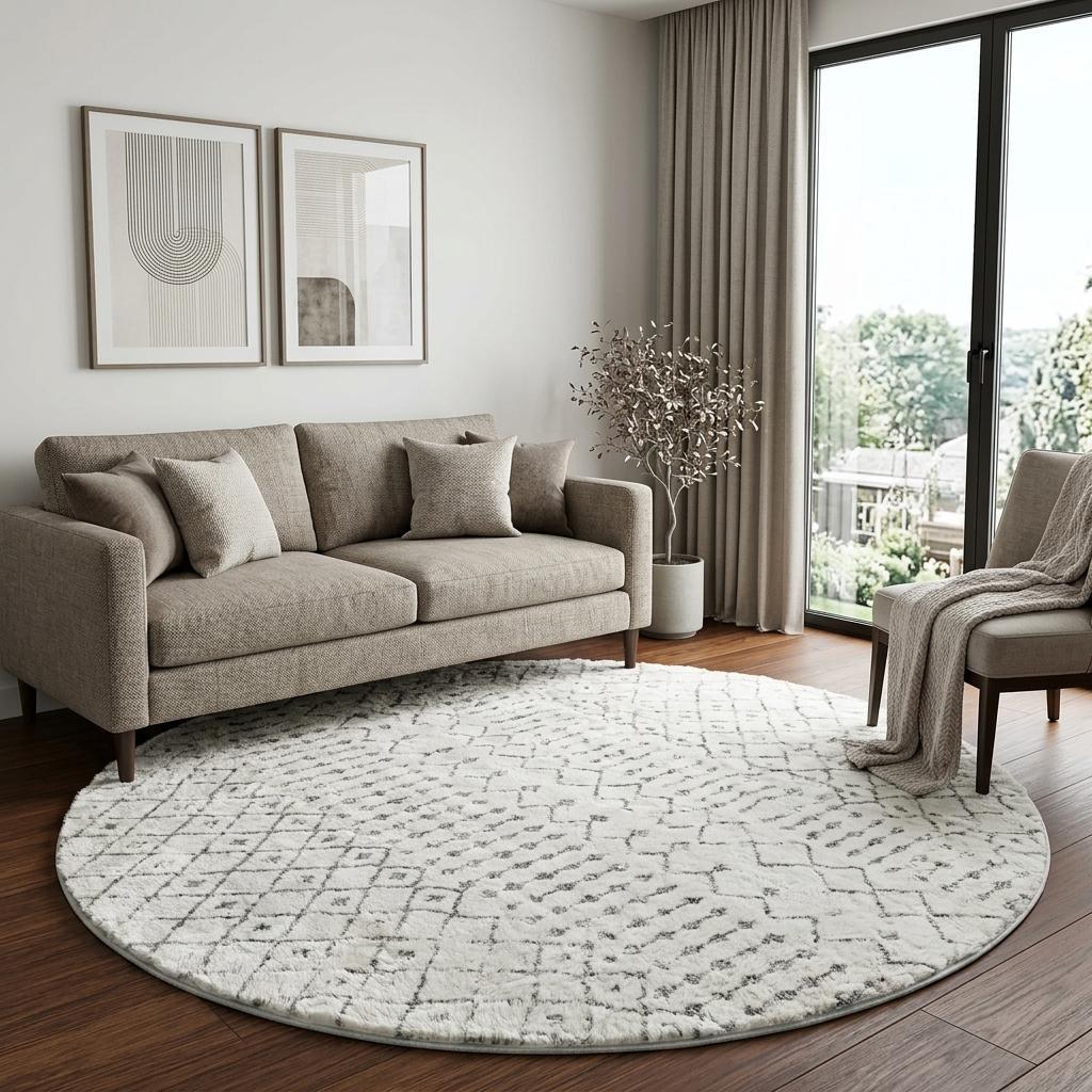 8' Navy Blue And Ivory Geometric Shag Washable Round Rug With UV Protection - HomeRoots - Flyclothing LLC