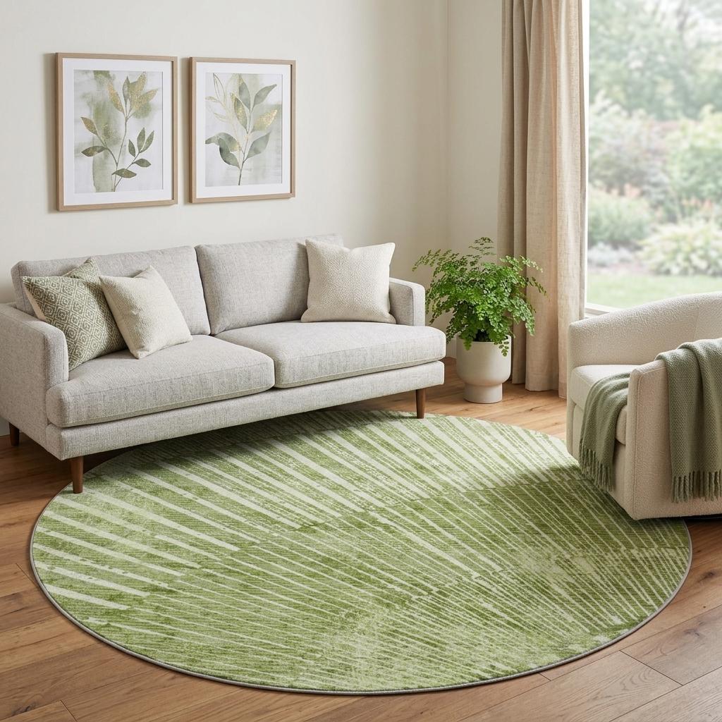 8' Sage And Green Geometric Shag Washable Round Rug With UV Protection - HomeRoots - Flyclothing LLC