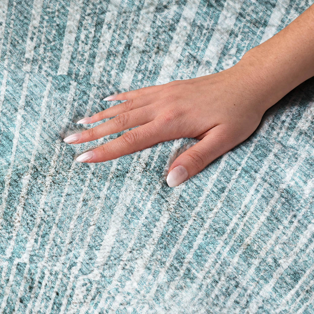 8' Teal And Ivory Geometric Shag Washable Round Rug With UV Protection - HomeRoots - Flyclothing LLC