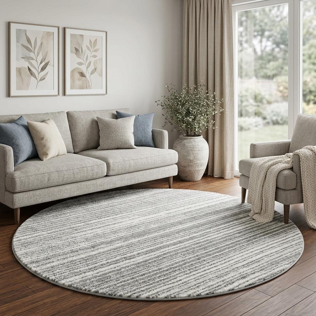 8' Blue And Gray Striped Shag Washable Round Rug With UV Protection - HomeRoots - Flyclothing LLC